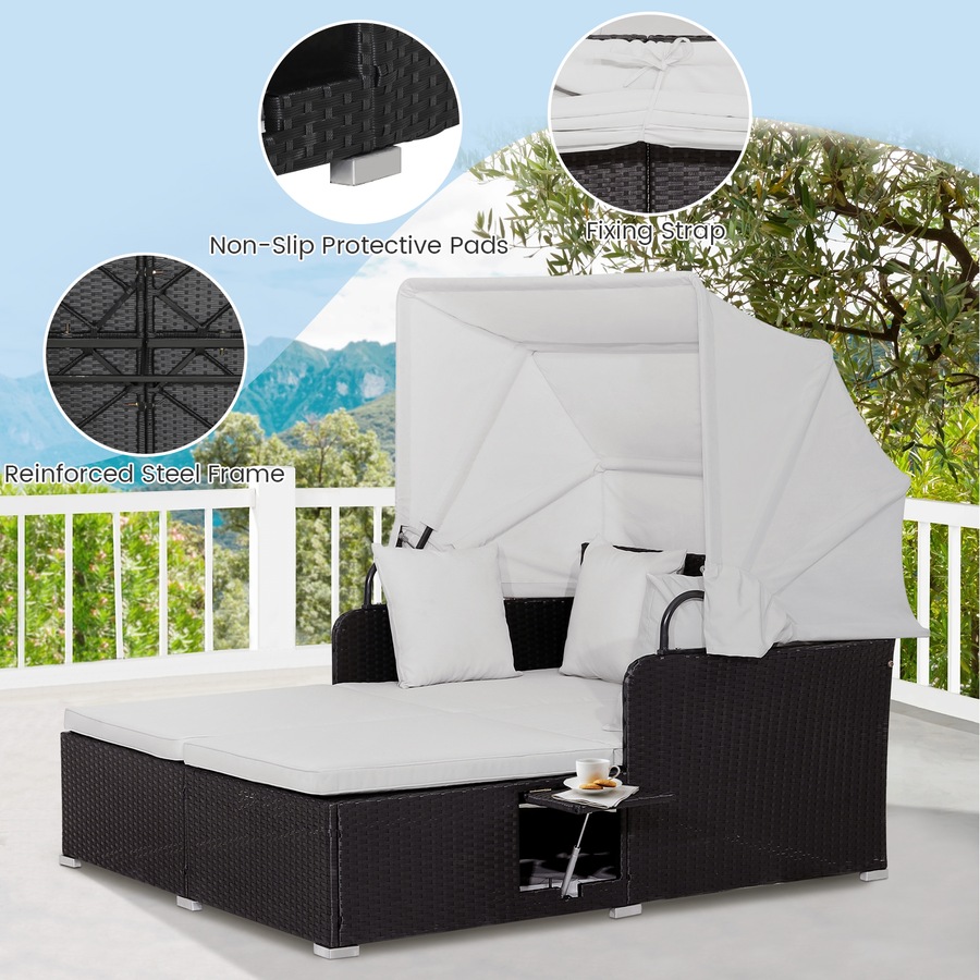 Costway Outdoor Rattan Daybed Sunbed Wicker Furniture Retractable Canopy Patio Sofa Set