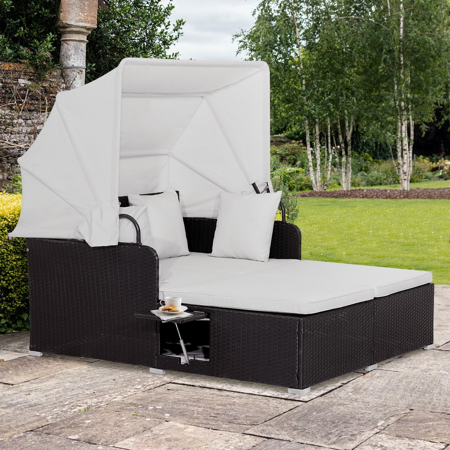 Costway Outdoor Rattan Daybed Sunbed Wicker Furniture Retractable Canopy Patio Sofa Set