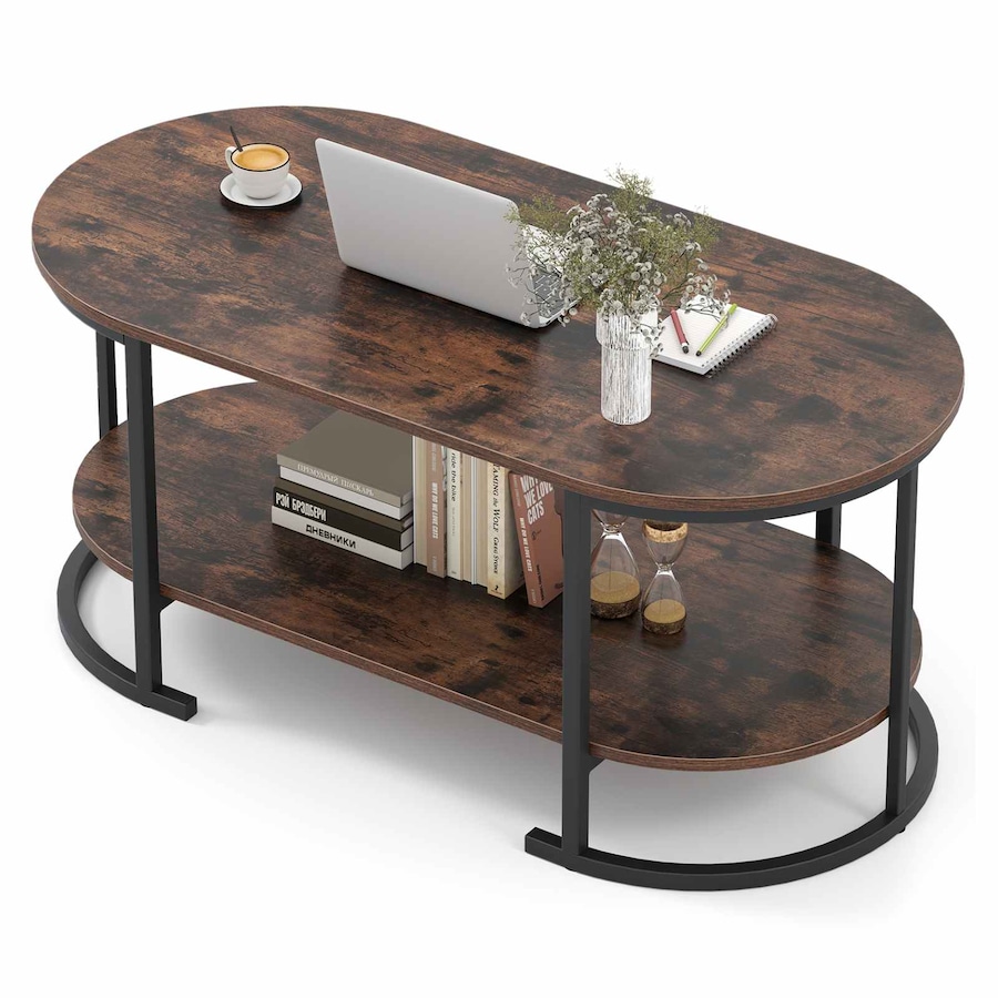 Costway Oval Coffee Table 2Tier Metal Center Table Elevated Cocktail Table Storage Shelf Wood Grain Top Industrial Living