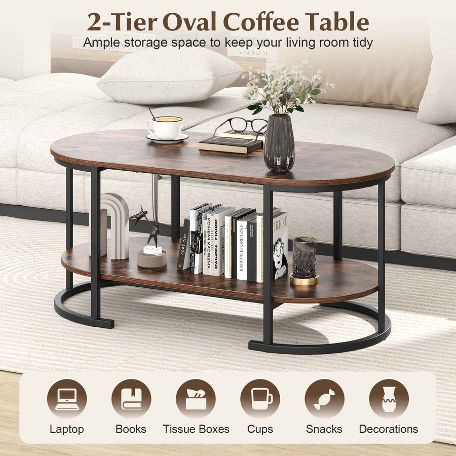 Costway Oval Coffee Table 2Tier Metal Center Table Elevated Cocktail Table Storage Shelf Wood Grain Top Industrial Living