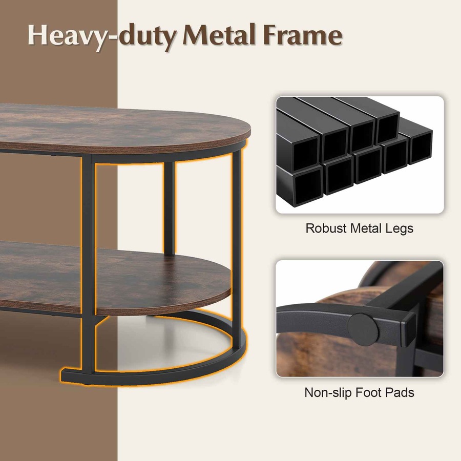 Costway Oval Coffee Table 2Tier Metal Center Table Elevated Cocktail Table Storage Shelf Wood Grain Top Industrial Living
