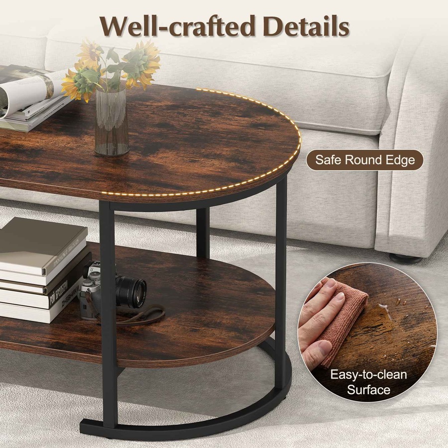 Costway Oval Coffee Table 2Tier Metal Center Table Elevated Cocktail Table Storage Shelf Wood Grain Top Industrial Living