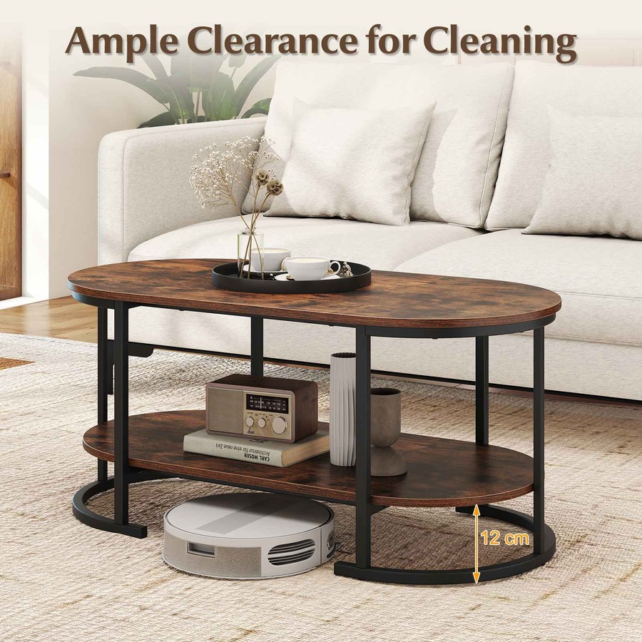 Costway Oval Coffee Table 2Tier Metal Center Table Elevated Cocktail Table Storage Shelf Wood Grain Top Industrial Living