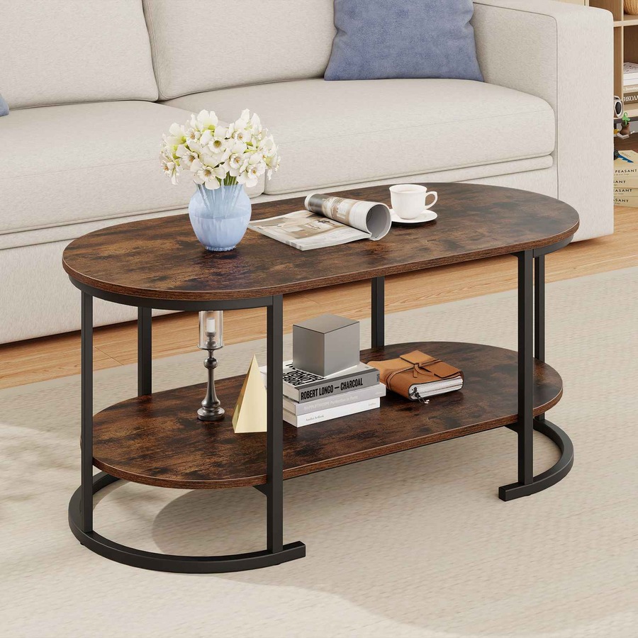 Costway Oval Coffee Table 2Tier Metal Center Table Elevated Cocktail Table Storage Shelf Wood Grain Top Industrial Living
