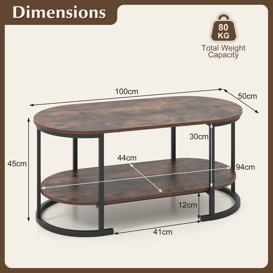 Costway Oval Coffee Table 2Tier Metal Center Table Elevated Cocktail Table Storage Shelf Wood Grain Top Industrial Living