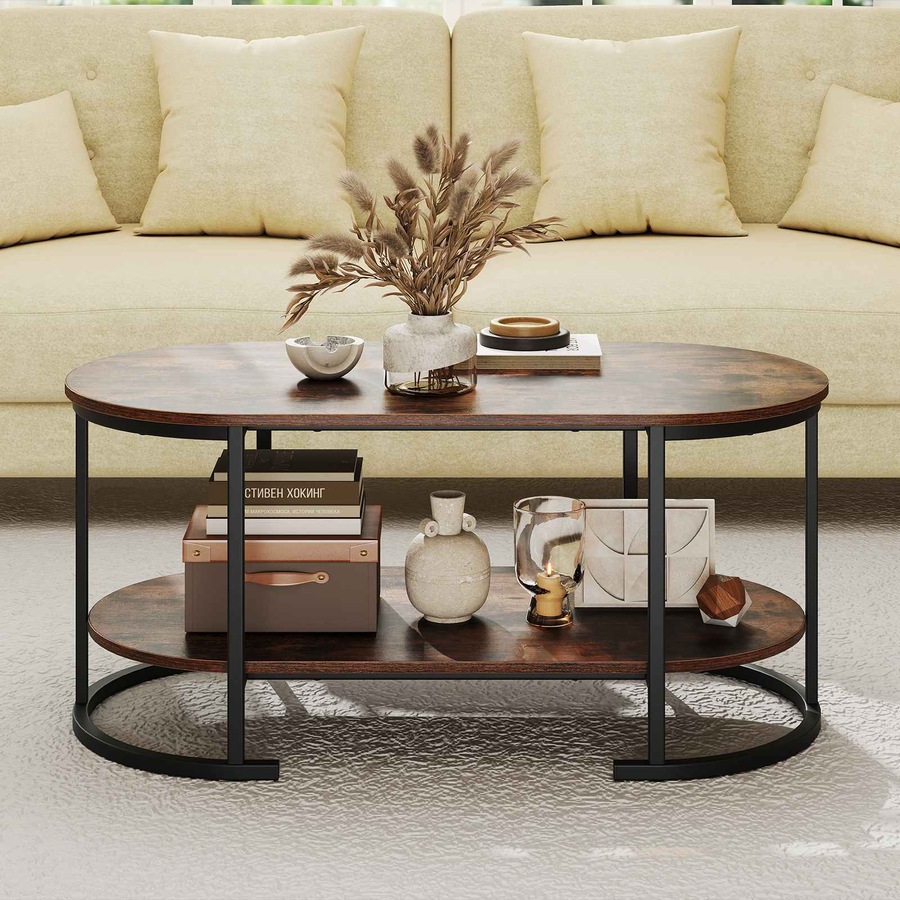 Costway Oval Coffee Table 2Tier Metal Center Table Elevated Cocktail Table Storage Shelf Wood Grain Top Industrial Living