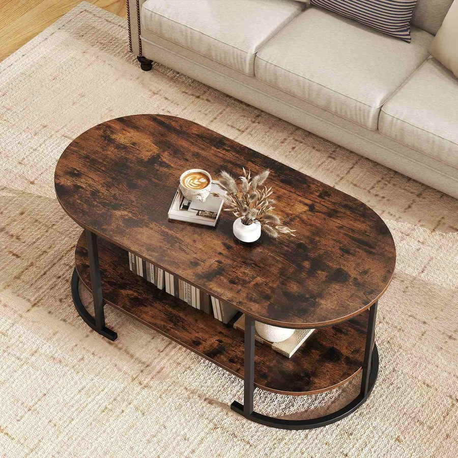 Costway Oval Coffee Table 2Tier Metal Center Table Elevated Cocktail Table Storage Shelf Wood Grain Top Industrial Living