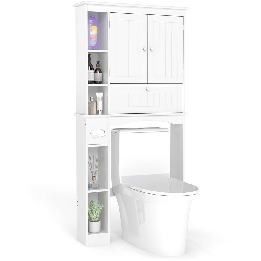 Costway Over The Toilet Bathroom Storage Cabinet Rack w/2 Doors Adjustable Shelves Tissue Box Laundry White