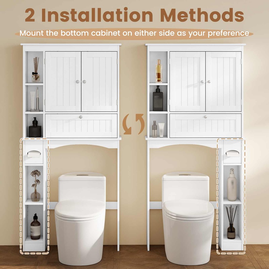 Costway Over The Toilet Bathroom Storage Cabinet Rack w/2 Doors Adjustable Shelves Tissue Box Laundry White