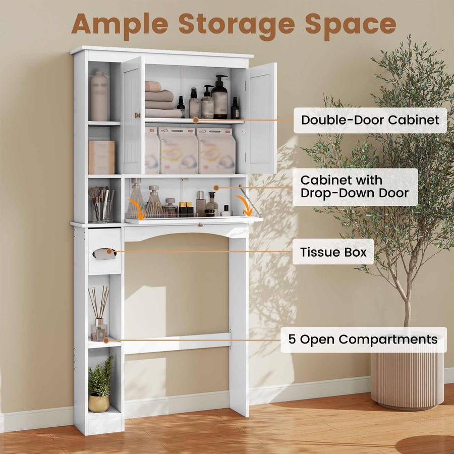 Costway Over The Toilet Bathroom Storage Cabinet Rack w/2 Doors Adjustable Shelves Tissue Box Laundry White