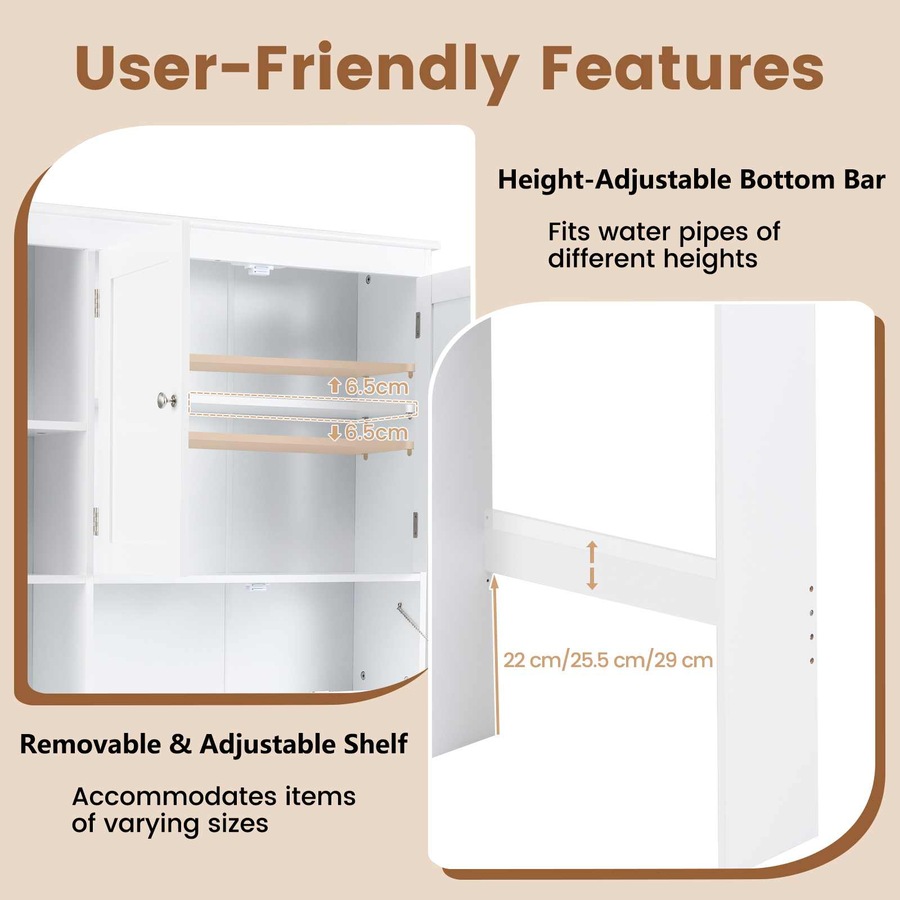 Costway Over The Toilet Bathroom Storage Cabinet Rack w/2 Doors Adjustable Shelves Tissue Box Laundry White