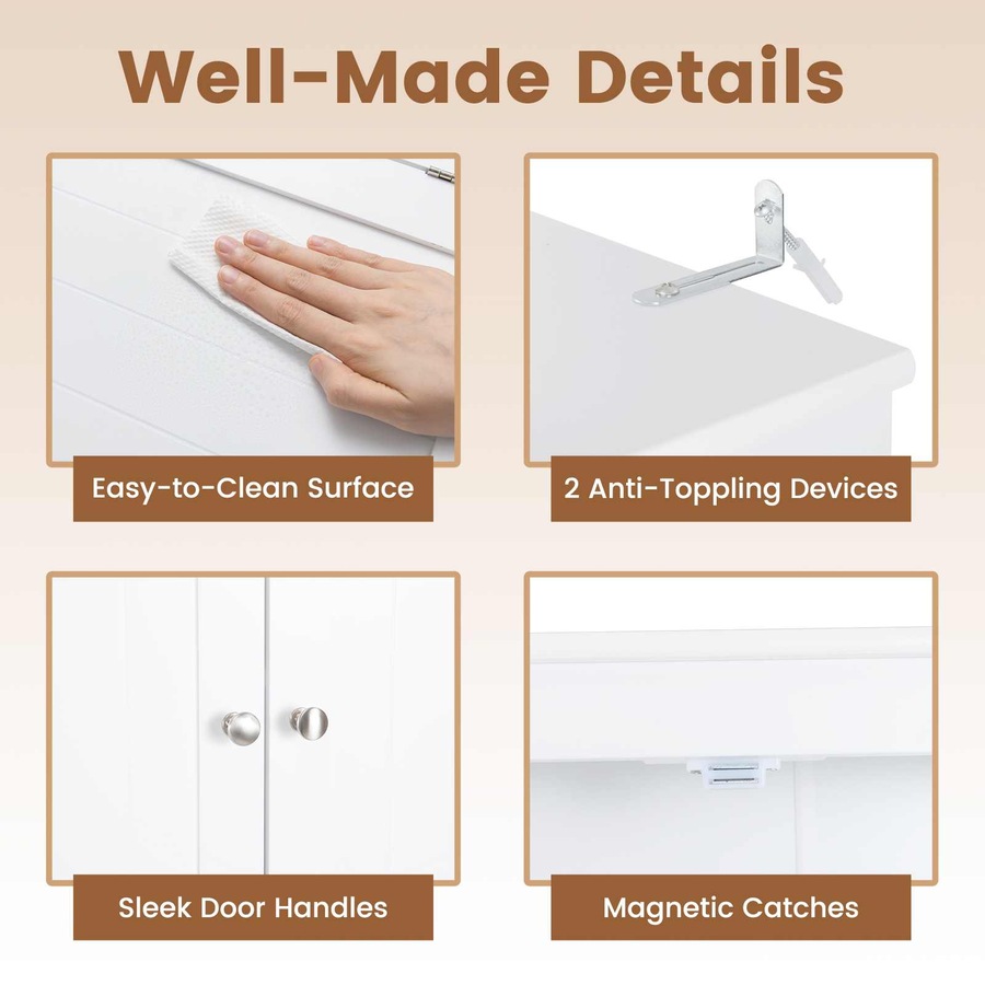 Costway Over The Toilet Bathroom Storage Cabinet Rack w/2 Doors Adjustable Shelves Tissue Box Laundry White