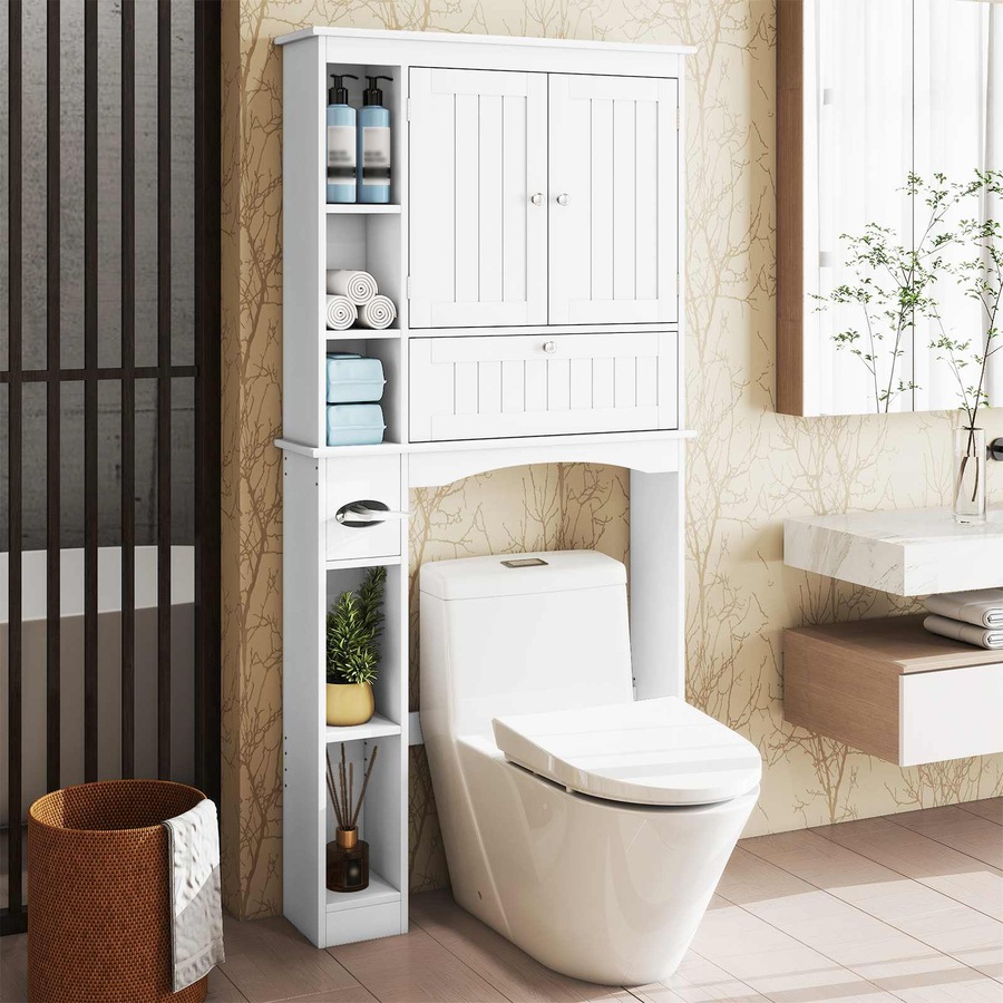 Costway Over The Toilet Bathroom Storage Cabinet Rack w/2 Doors Adjustable Shelves Tissue Box Laundry White
