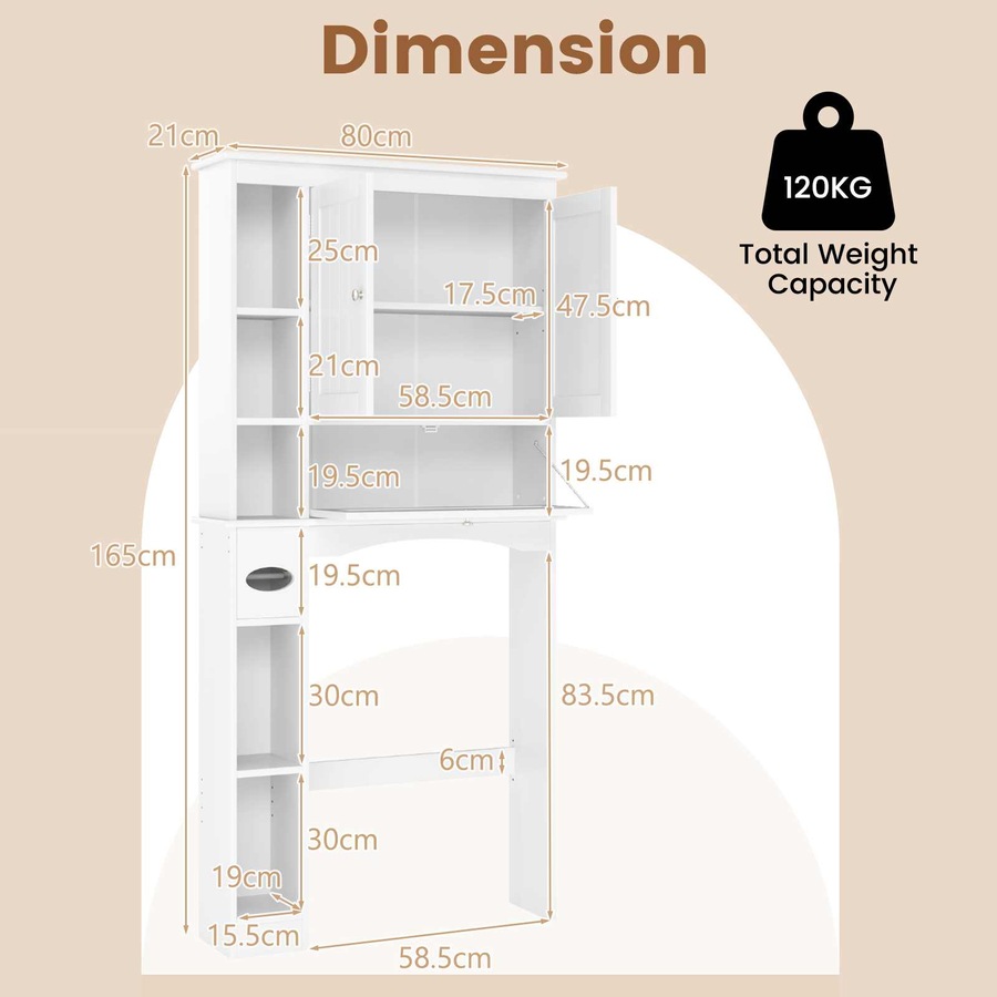 Costway Over The Toilet Bathroom Storage Cabinet Rack w/2 Doors Adjustable Shelves Tissue Box Laundry White