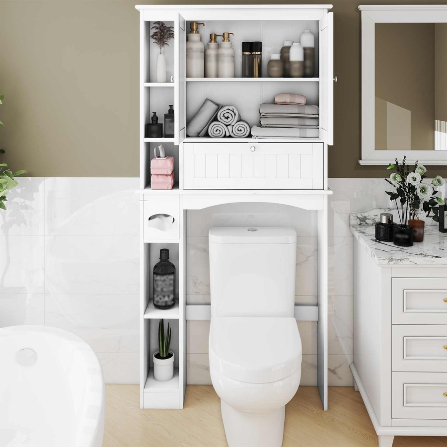 Costway Over The Toilet Bathroom Storage Cabinet Rack w/2 Doors Adjustable Shelves Tissue Box Laundry White