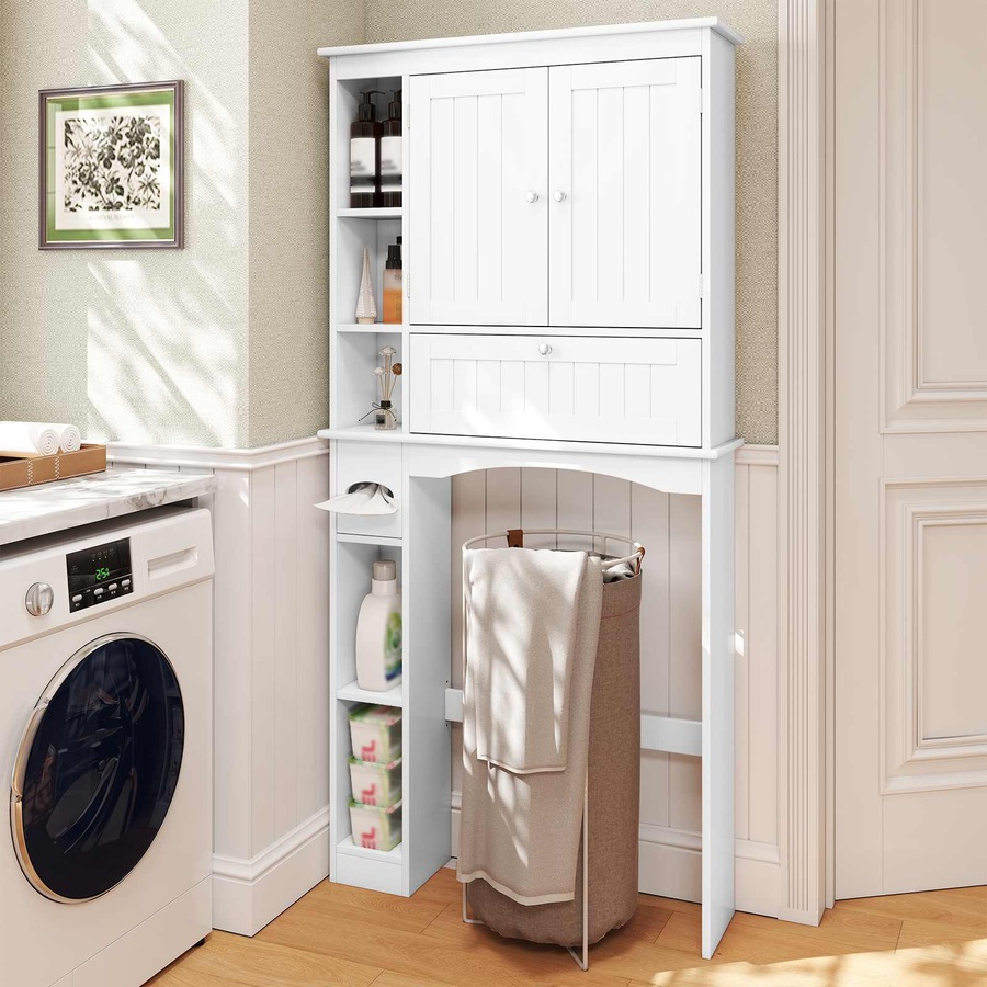 Costway Over The Toilet Bathroom Storage Cabinet Rack w/2 Doors Adjustable Shelves Tissue Box Laundry White