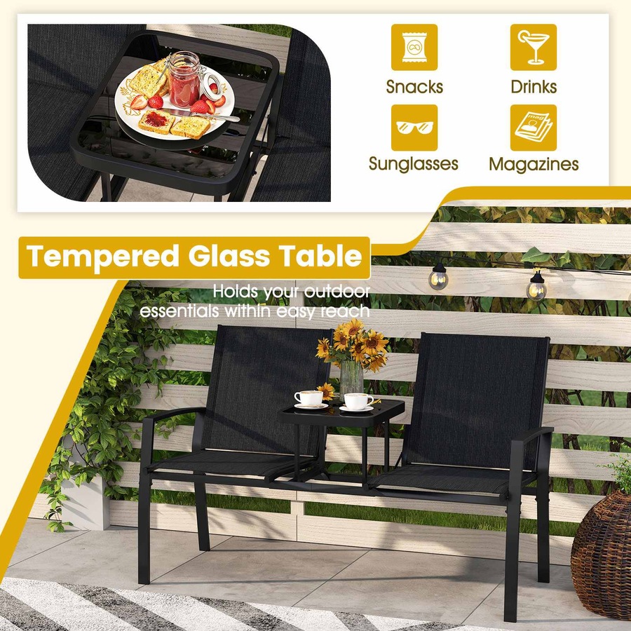 Costway Patio Loveseat Chair w/Table 2 Seat Outdoor Furniture Metal Frame Garden Bench Conversation Set Lounge