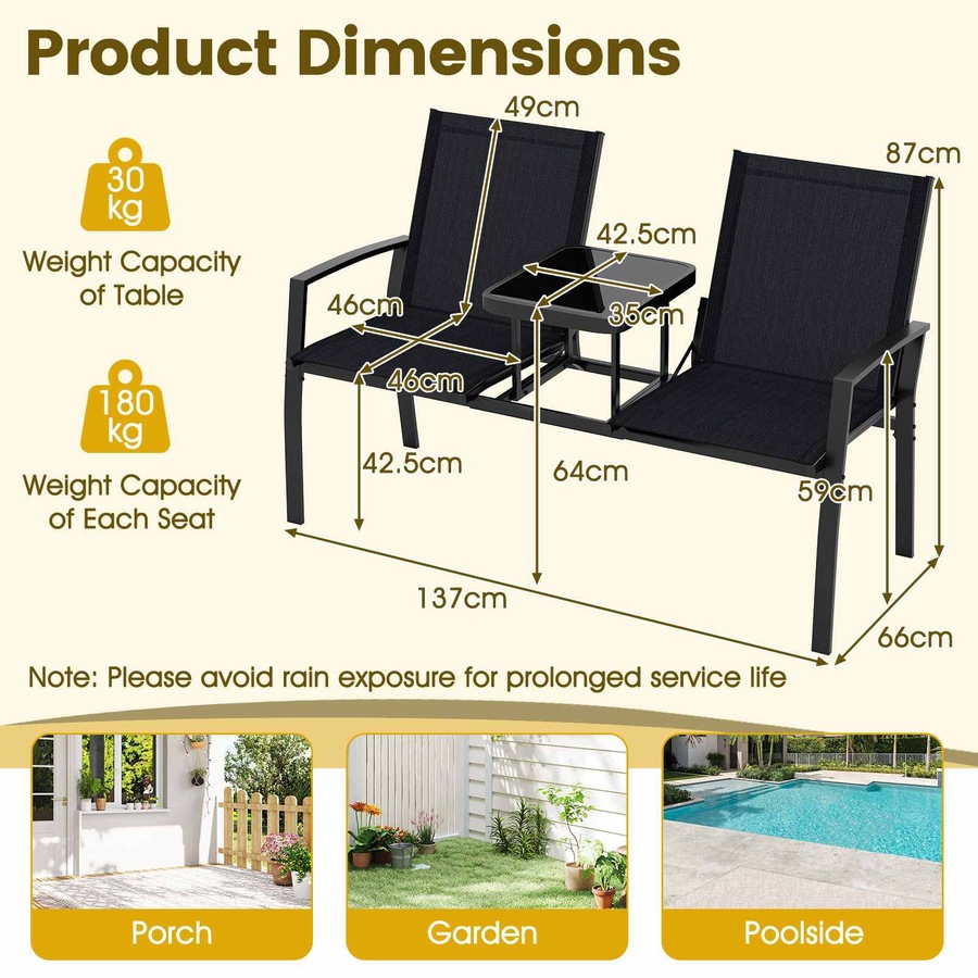Costway Patio Loveseat Chair w/Table 2 Seat Outdoor Furniture Metal Frame Garden Bench Conversation Set Lounge
