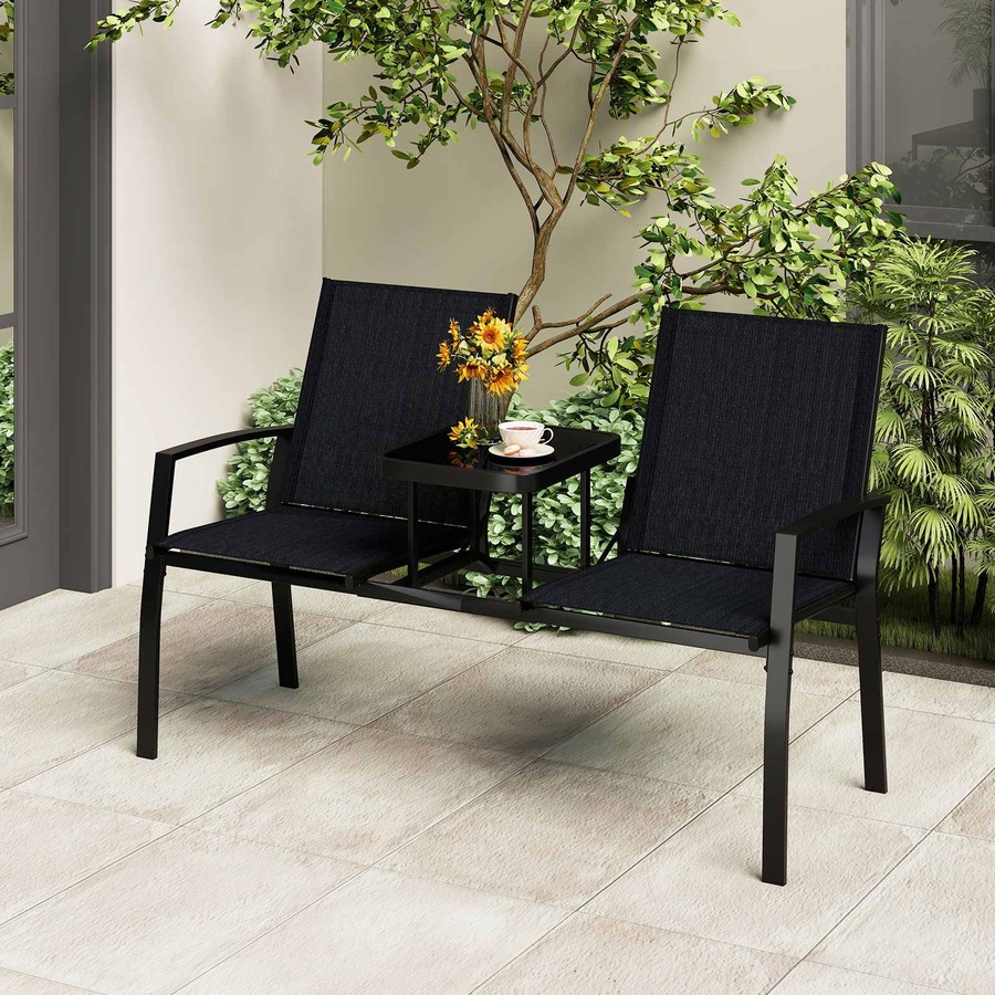 Costway Patio Loveseat Chair w/Table 2 Seat Outdoor Furniture Metal Frame Garden Bench Conversation Set Lounge