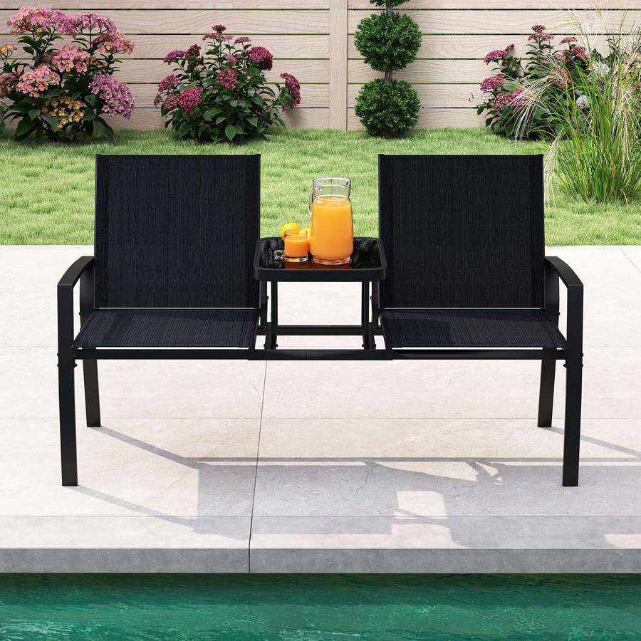 Costway Patio Loveseat Chair w/Table 2 Seat Outdoor Furniture Metal Frame Garden Bench Conversation Set Lounge