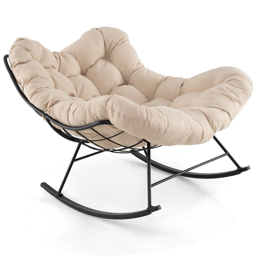 Costway Patio Rocking Chair Papasan Chair w/Padded Cushion & Metal Frame Lounge Chair Rocker Natural