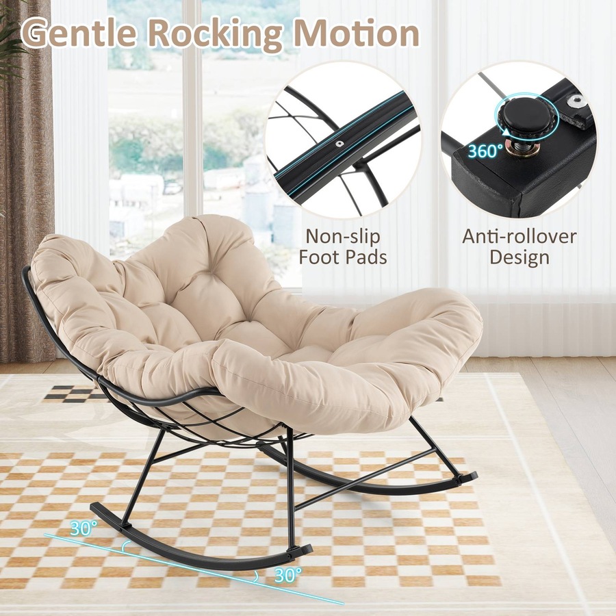 Costway Patio Rocking Chair Papasan Chair w/Padded Cushion & Metal Frame Lounge Chair Rocker Natural