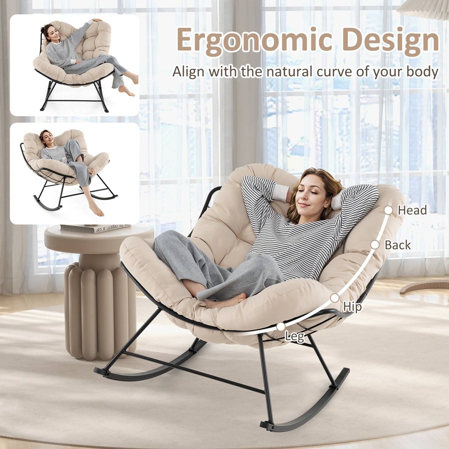 Costway Patio Rocking Chair Papasan Chair w/Padded Cushion & Metal Frame Lounge Chair Rocker Natural