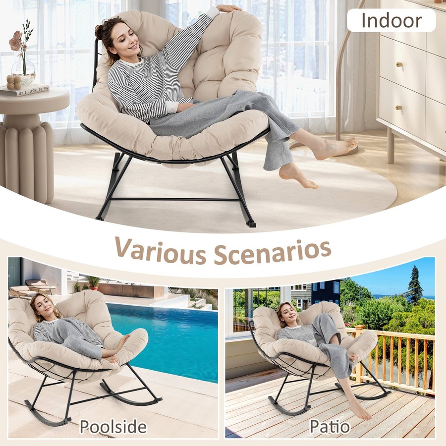 Costway Patio Rocking Chair Papasan Chair w/Padded Cushion & Metal Frame Lounge Chair Rocker Natural