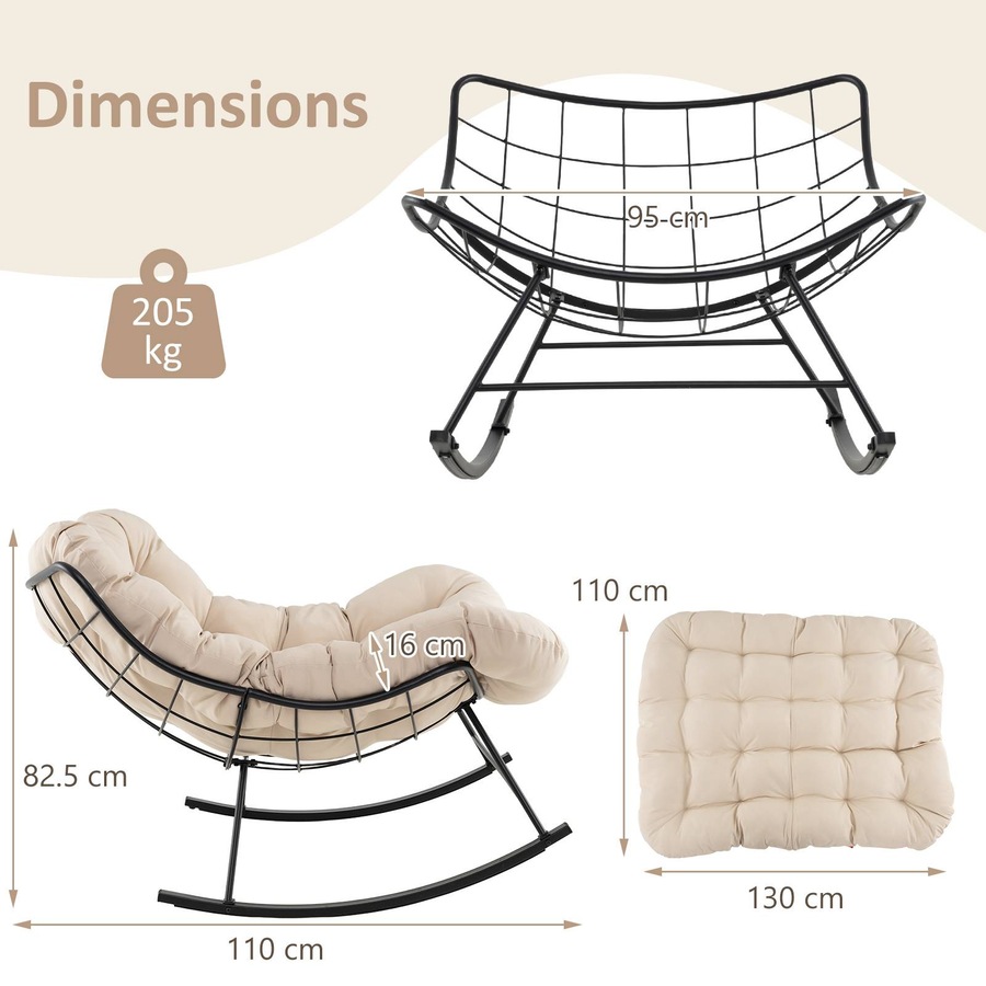 Costway Patio Rocking Chair Papasan Chair w/Padded Cushion & Metal Frame Lounge Chair Rocker Natural