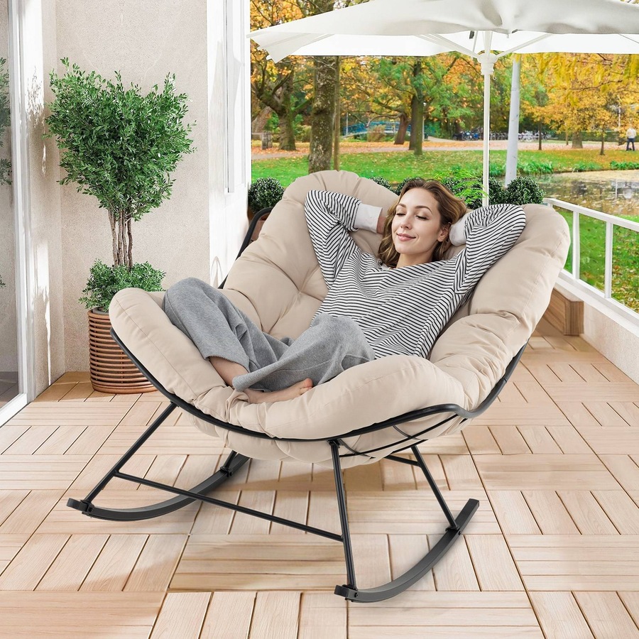 Costway Patio Rocking Chair Papasan Chair w/Padded Cushion & Metal Frame Lounge Chair Rocker Natural