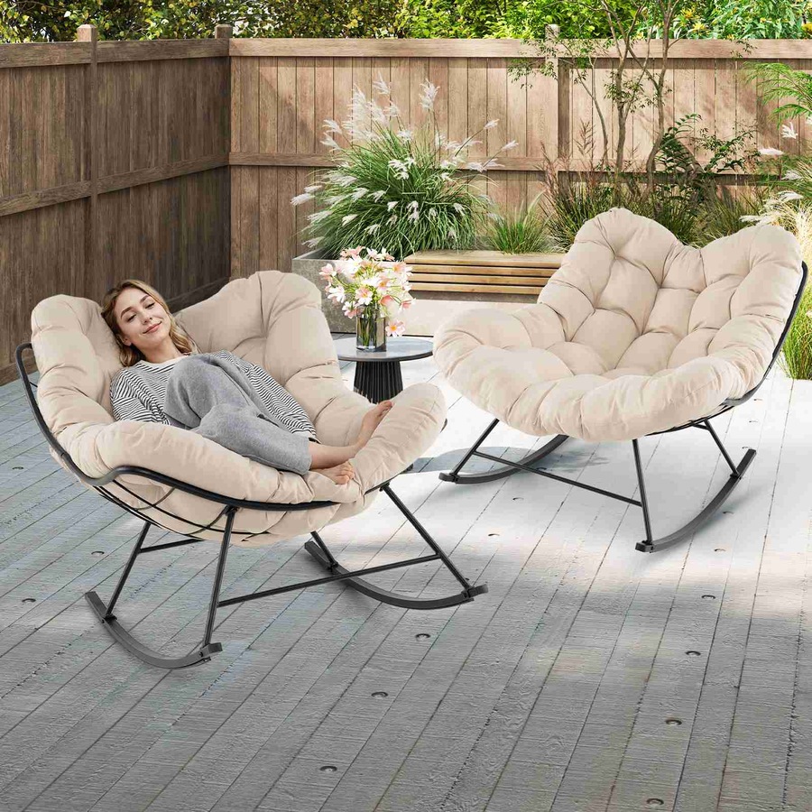 Costway Patio Rocking Chair Papasan Chair w/Padded Cushion & Metal Frame Lounge Chair Rocker Natural