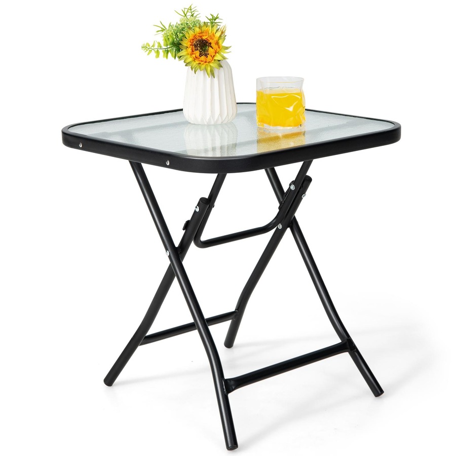 Costway Patio Square Glass Side Table Bistro Folding Coffee Table Patio End Table w/Tempered Glass Tabletop