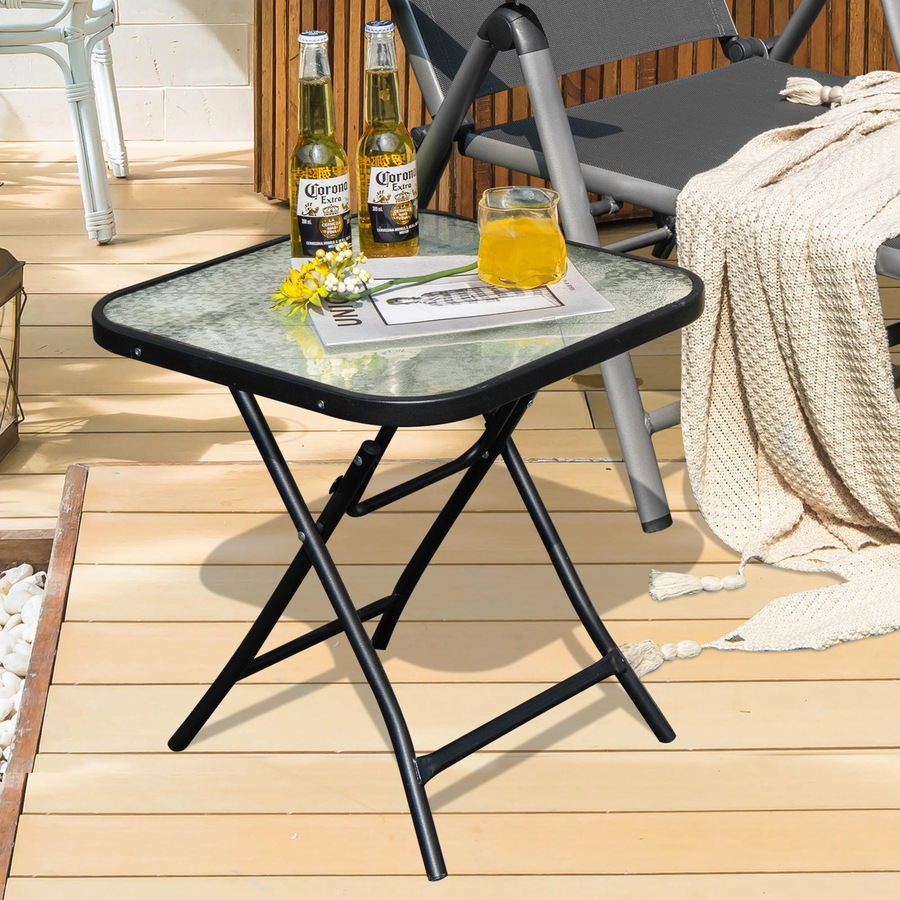 Costway Patio Square Glass Side Table Bistro Folding Coffee Table Patio End Table w/Tempered Glass Tabletop