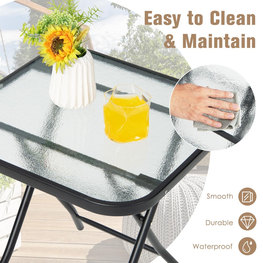 Costway Patio Square Glass Side Table Bistro Folding Coffee Table Patio End Table w/Tempered Glass Tabletop