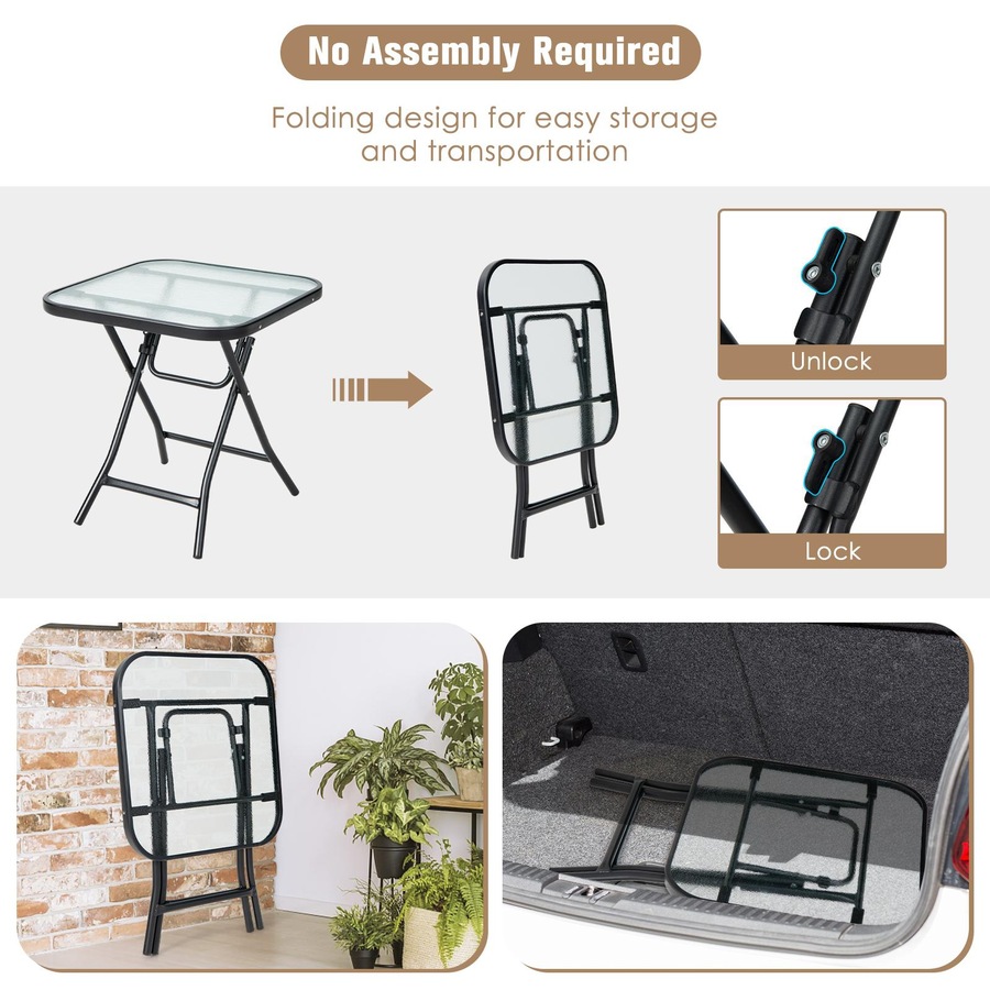 Costway Patio Square Glass Side Table Bistro Folding Coffee Table Patio End Table w/Tempered Glass Tabletop