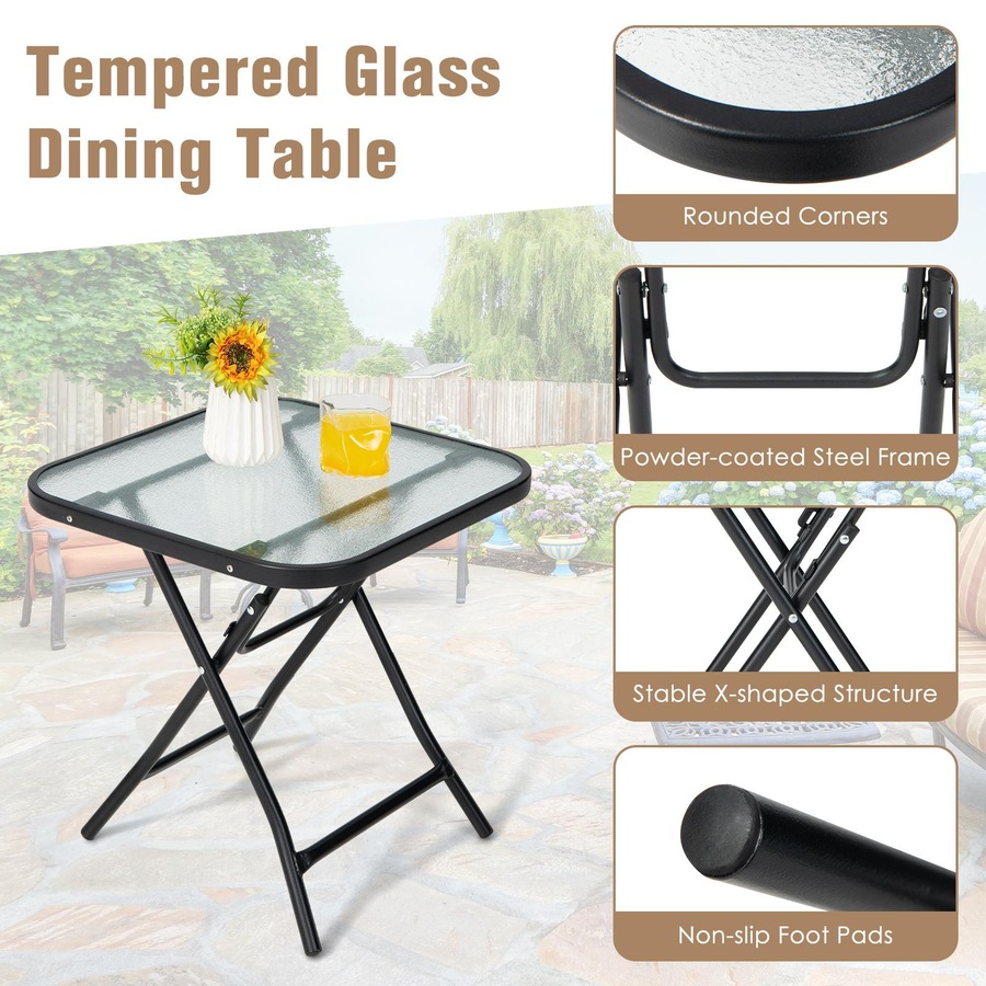 Costway Patio Square Glass Side Table Bistro Folding Coffee Table Patio End Table w/Tempered Glass Tabletop