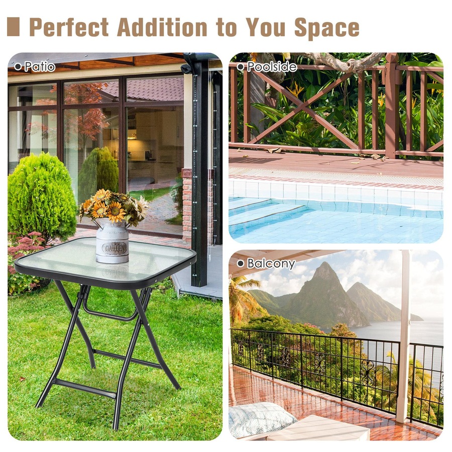 Costway Patio Square Glass Side Table Bistro Folding Coffee Table Patio End Table w/Tempered Glass Tabletop