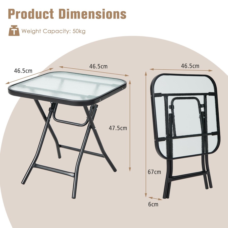 Costway Patio Square Glass Side Table Bistro Folding Coffee Table Patio End Table w/Tempered Glass Tabletop