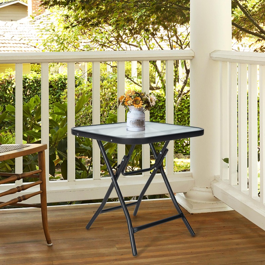 Costway Patio Square Glass Side Table Bistro Folding Coffee Table Patio End Table w/Tempered Glass Tabletop