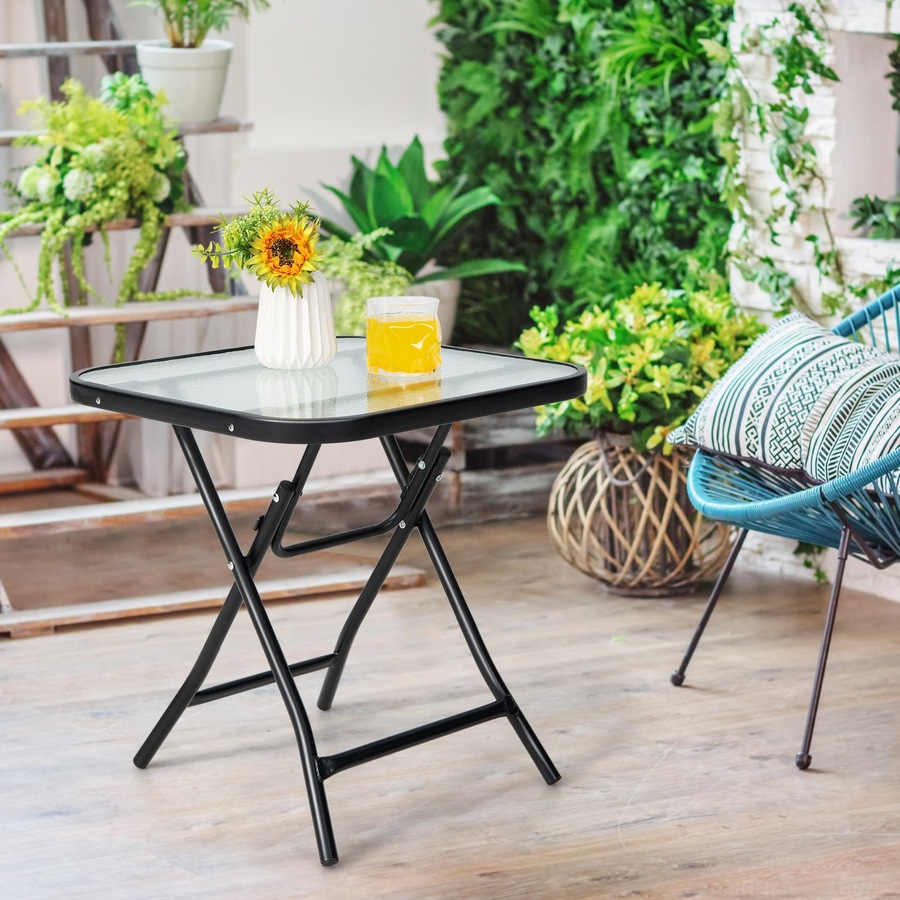 Costway Patio Square Glass Side Table Bistro Folding Coffee Table Patio End Table w/Tempered Glass Tabletop