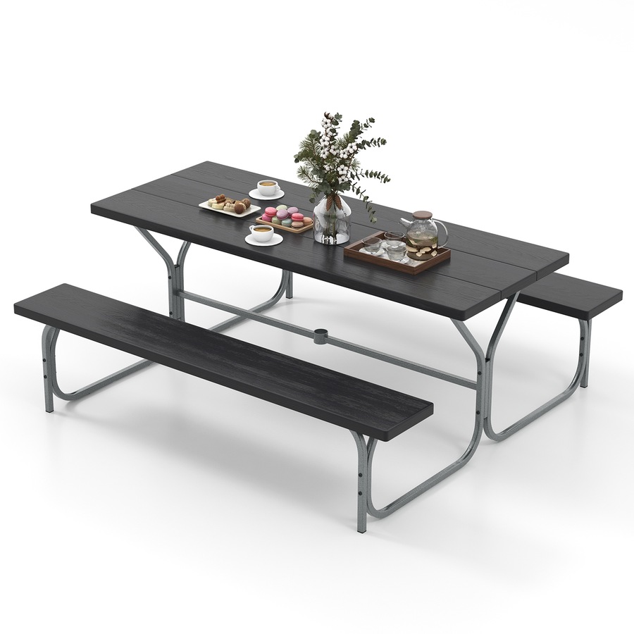 Costway Picnic Table Bench Set 8-Person Outdoor Dining Table All-weather Camping Table Set HDPE Black