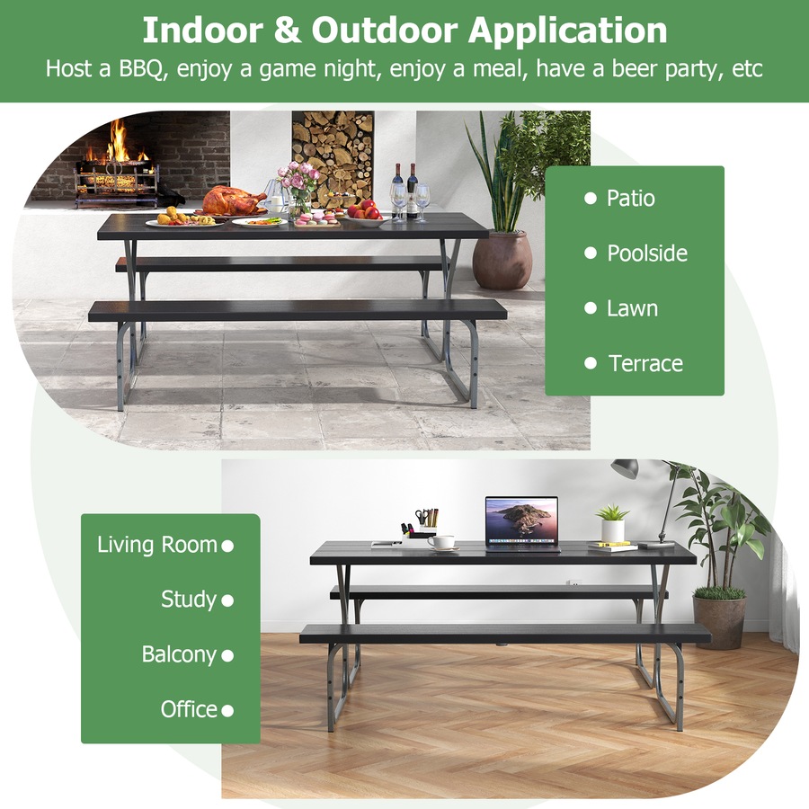 Costway Picnic Table Bench Set 8-Person Outdoor Dining Table All-weather Camping Table Set HDPE Black