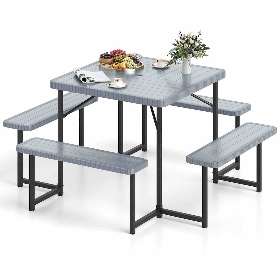 Costway Picnic Table Bench Set for 4-8 People w/All-Weather HDPE Tabletop & Umbrella Hole Outdoor Dining Set Grey