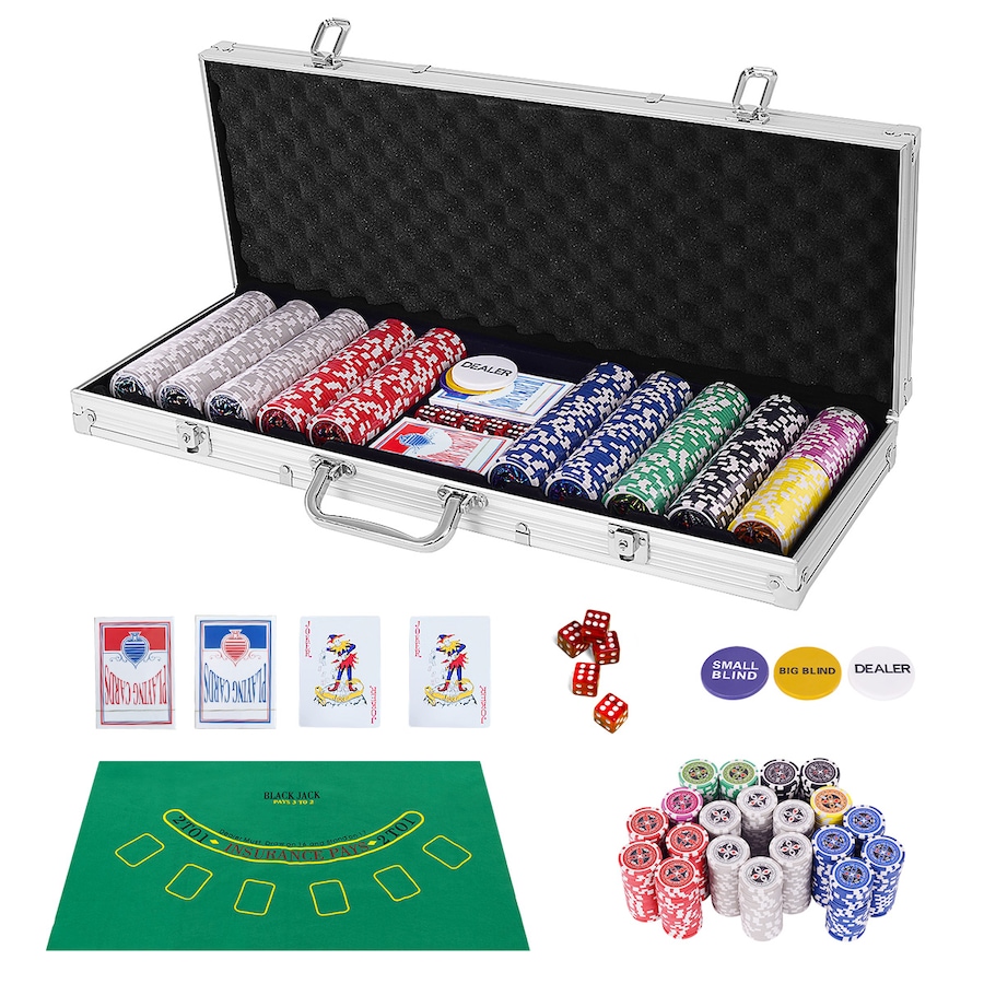 Costway Poker Chip Set 500PC Chips Texas Hold'em Poker Sets Casino Playing Cards Dice Gamble Game Party, Silver