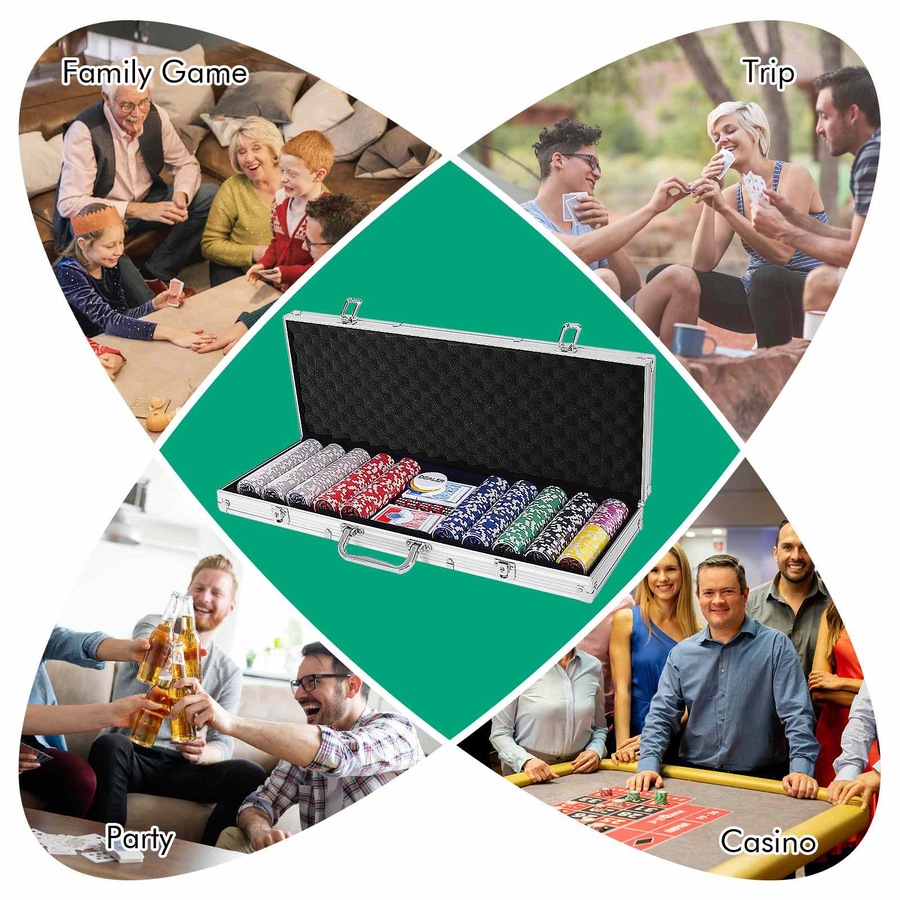 Costway Poker Chip Set 500PC Chips Texas Hold'em Poker Sets Casino Playing Cards Dice Gamble Game Party, Silver