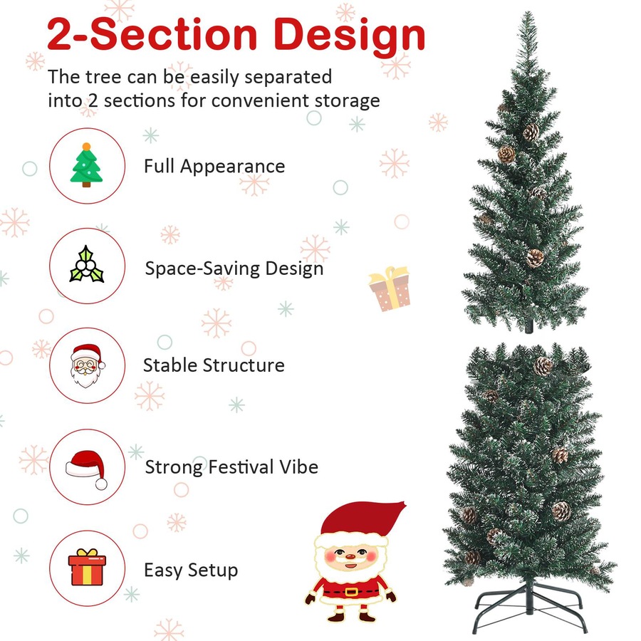 Costway Pre-Decorated Xmas Tree w/Pine Cones Artificial Slim Pencil Christmas Tree