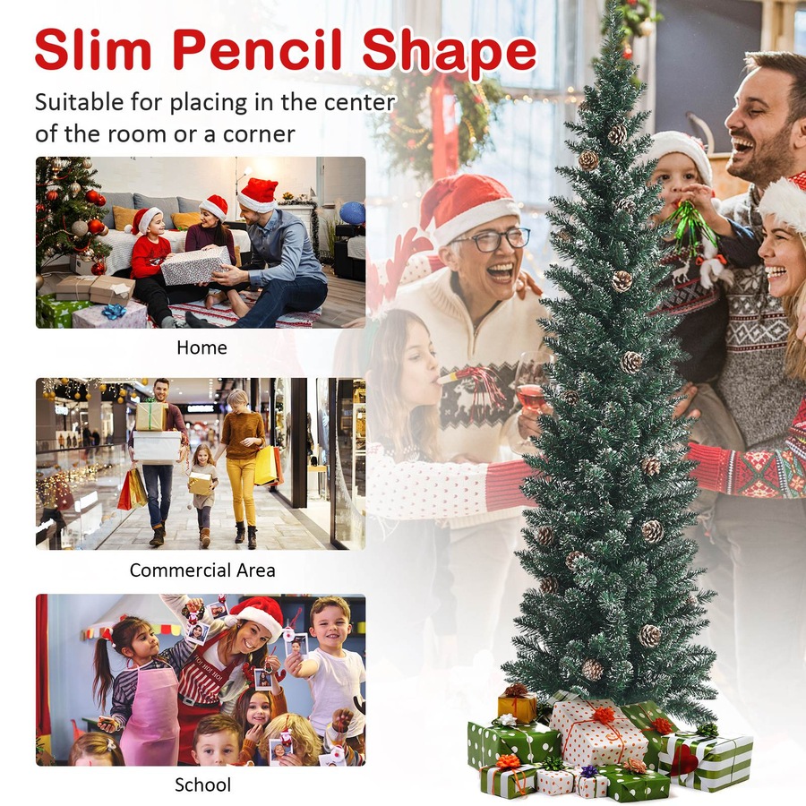Costway Pre-Decorated Xmas Tree w/Pine Cones Artificial Slim Pencil Christmas Tree