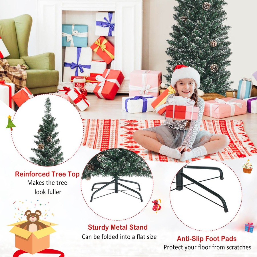 Costway Pre-Decorated Xmas Tree w/Pine Cones Artificial Slim Pencil Christmas Tree