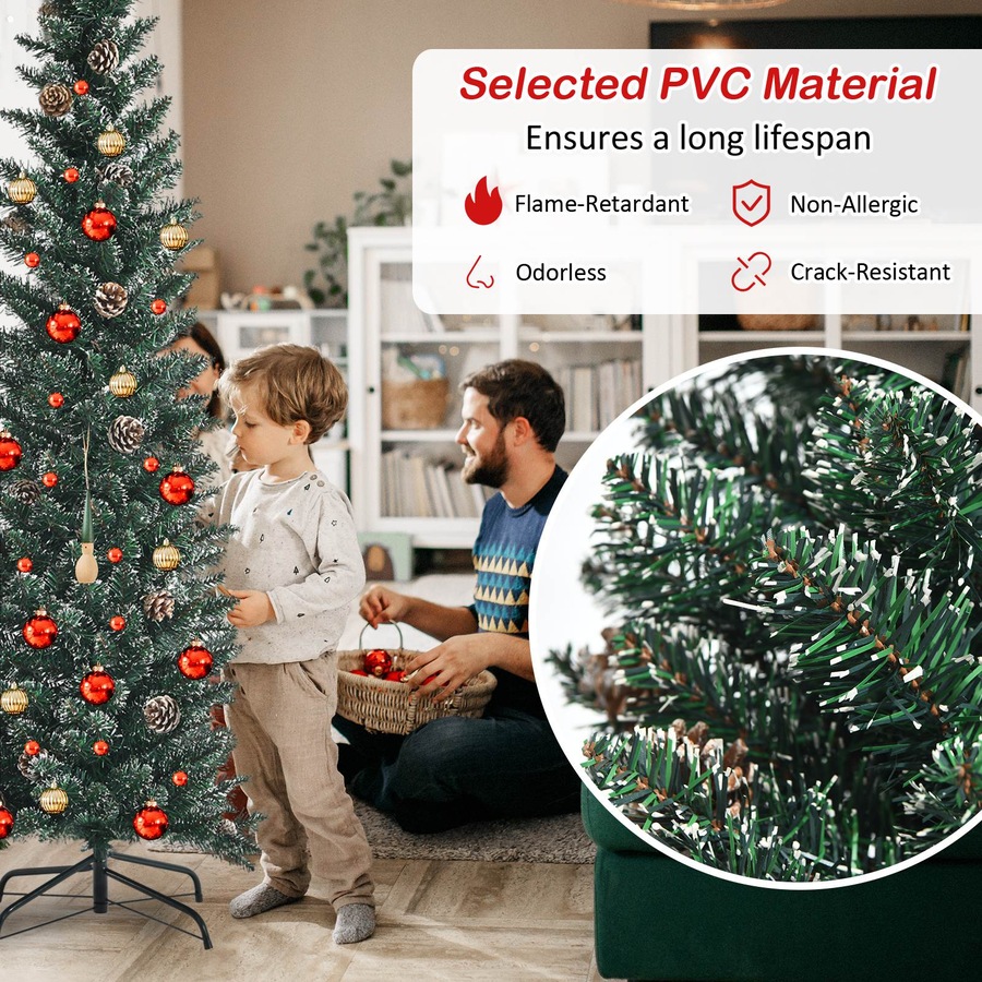 Costway Pre-Decorated Xmas Tree w/Pine Cones Artificial Slim Pencil Christmas Tree