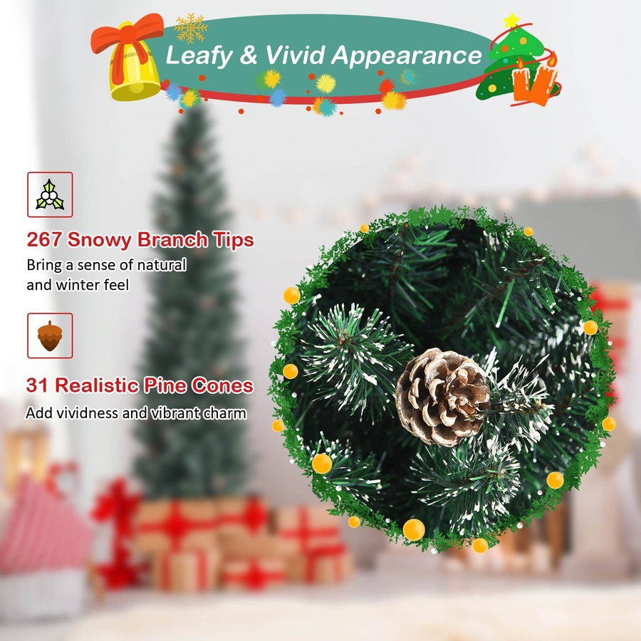 Costway Pre-Decorated Xmas Tree w/Pine Cones Artificial Slim Pencil Christmas Tree